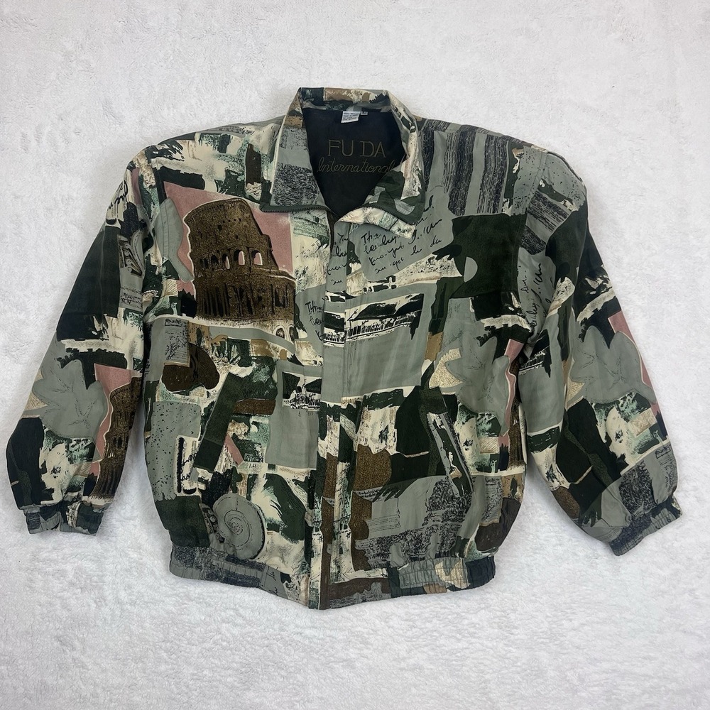 FUDA International 80's Silk Zip Up Jacket Italian Rome Colloseum‎ Theme Large